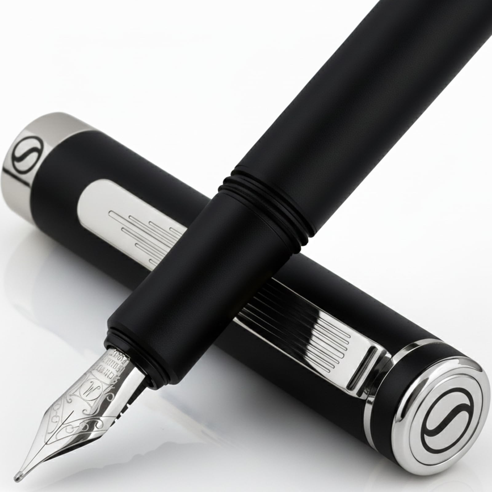 Scriveiner Luxury EDC Fountain Pen (Medium), Stunning Matt Black with Chrome Finish Pocket Pen with Genuine Schmidt Nib, Includes Converter and Spare Cartridges, Best Writing Gift Set for Men & Women