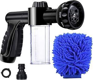 Garden Hose Nozzle, High Pressure Hose Spray Nozzle 8 Way Spray Pattern with 3.5oz/100cc Soap Dispenser Bottle Snow Foam Gun for Watering Plants, Lawn, Patio, Car Wash, Cleaning，Showering Pet