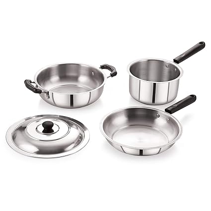BMS Lifestyle 4-Piece Induction Friendly Stainless Steel Cookware Set, Silver
