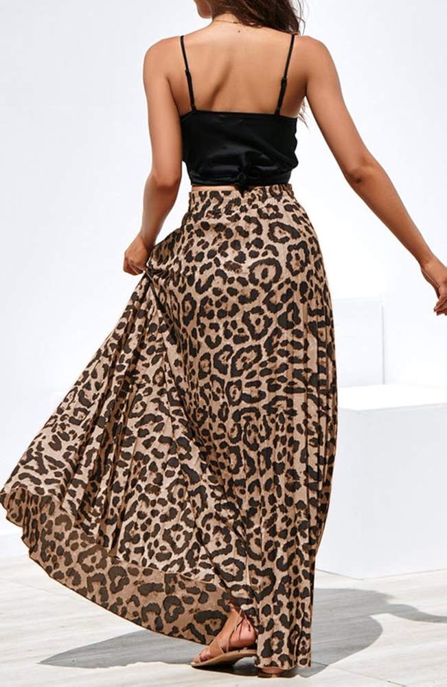 Womens Maxi Skirt Leopard Print Chiffon Beach Pleated High Waisted A-Line Long Skirts: Clothing