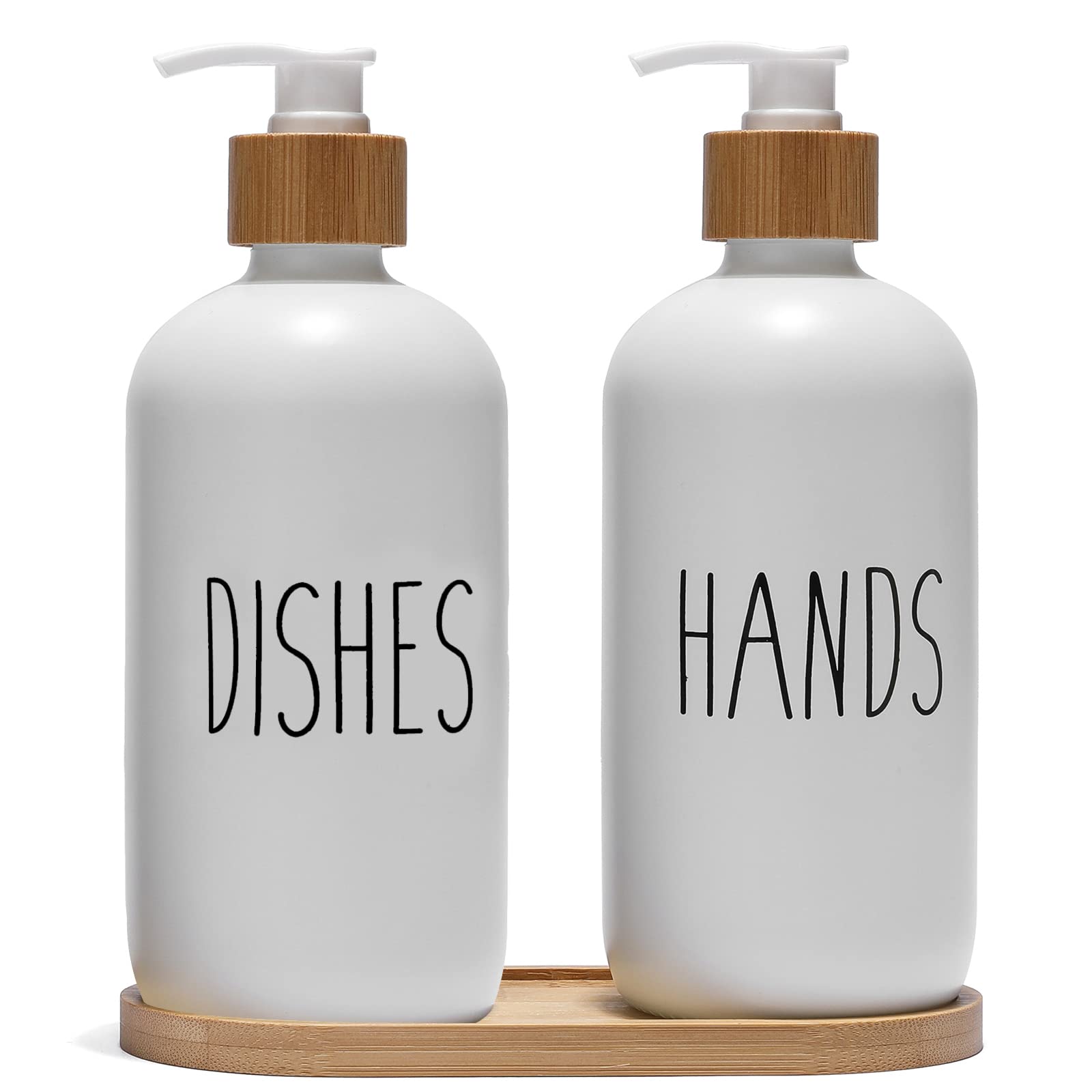 FEILANDUO Glass Soap Dispenser Set - Bamboo Pump & Tray, Washing Up Liquid Dispenser for Kitchen Sink, Hand Soap Bottle for Bathroom, Farmhouse Glass Pump Dispenser Home Decor (A- 2pcs White)