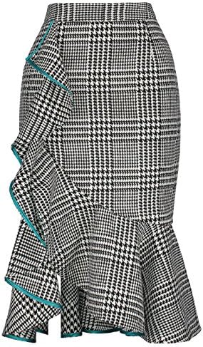 Kinikiss Women's Bodycon Pencil Skirt High Waist Ruffle Plaid Office Midi Skirt With Back Zipper