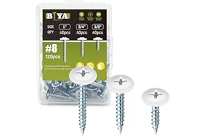 B1JOUNIE YA White Wood Screws, #8 Thread Truss Head Self Tapping Pan Cabinet Screws for Wall Plates, 120 Pieces, 1/2 Inch, 3/4 Inch, 1 Inch
