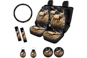 Xoenoiee Elk Wilderness Print 11 Pack Car Seat Cover Front & Rear Seat Cover with Steering Wheel Cover + Seat Belt Cover+ Cup Coasters+ Key Chains Universal Fit