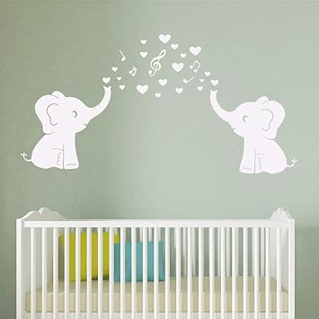 Cute Elephants Wall Stickers Bubbles Music Notes Wall Art For Baby Nursery Kids Bedrooms Wall Decor White