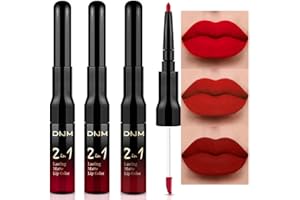 evpct 3Pcs Ruby Bright Dark Deep Red Lip Stain Lipstick with Lip Liner, Burgundy Red Matte Lip Liner and Liquid Lipstick Set for Women Long Lasting Waterproof 24, 24 Hours Lip Sitck Paint
