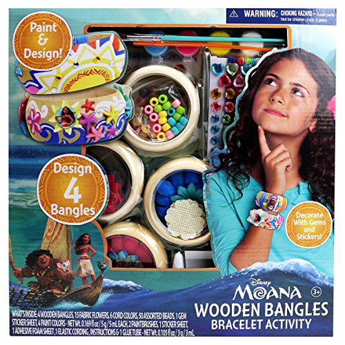 Disney Moana - WOODEN BANGLES BRACELET ACTIVITY - Design Your Very Own Wooden Bangles with Colorful Paint Included in the Set. Decorate with Cording, Beads, Fabric Flowers & Sparkly Gem Stickers!