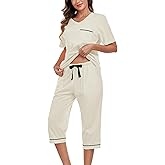 EA'S SECRET 100% Cotton Women's Pajama Set V Neck Top and Capri Pants Sleepwear Sets Loungewear with Pockets(Tan, Medium)