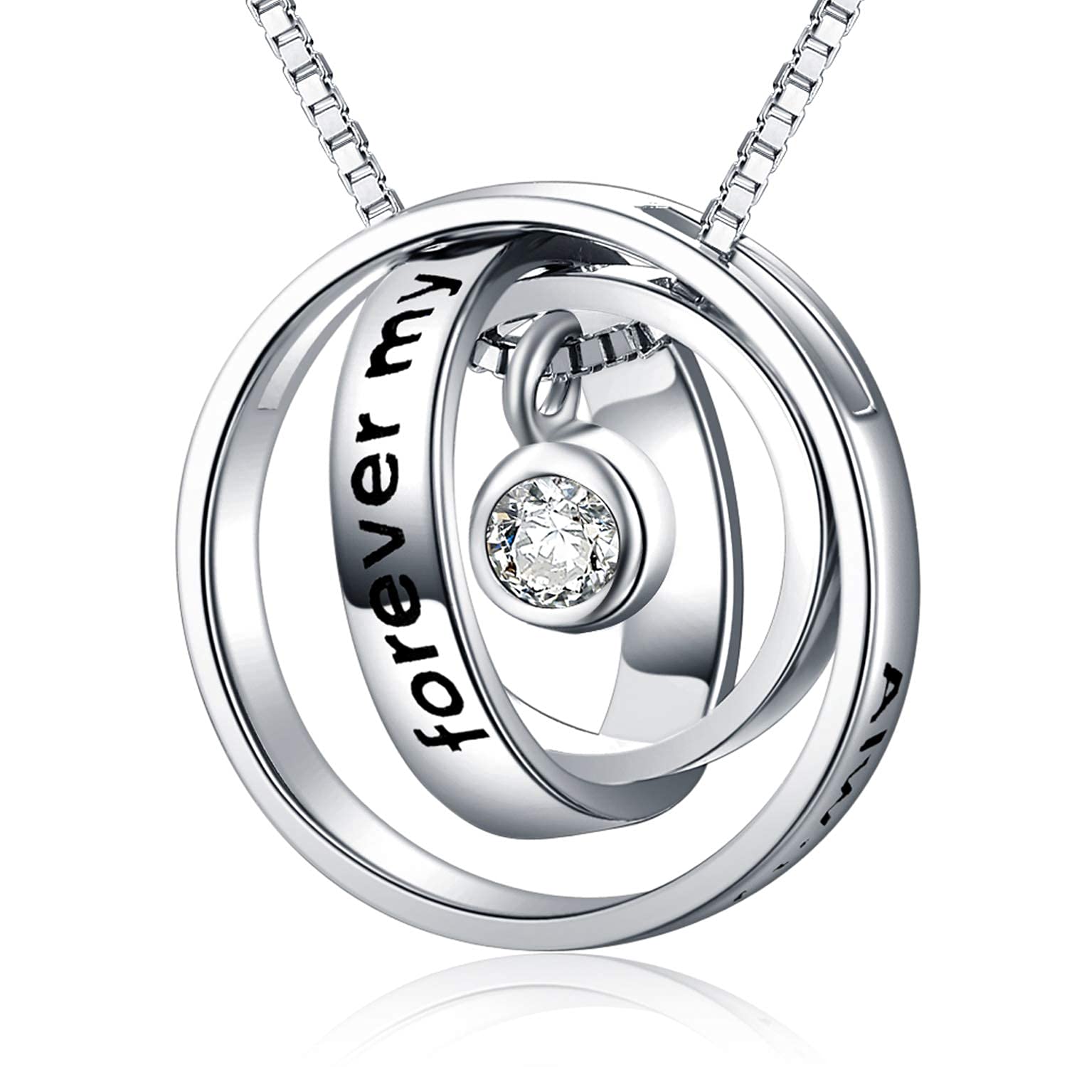 YAFEINI Mum Gifts Sterling Silver Engraved Three Ring Pendant Necklace Jewellery for Mum (E Always my mother forever my friend)