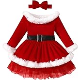 IDOPIP Christmas Dress for Toddler Girls Santa Claus Dress Long Sleeve Velvet Belted Dress Holiday Party Ruffle Tulle Dress