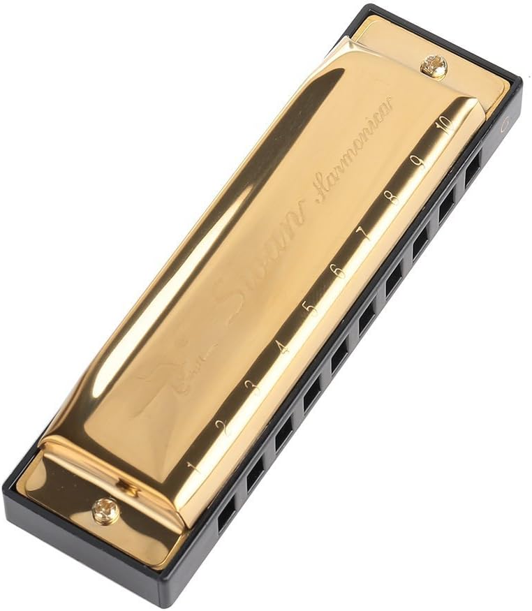 Ssguer9 Harmonica 10 Holes 20 Tones Key of C Blues Rock Jazz Country Folk Harmonica with Case Golden
