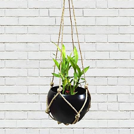 YOUNG CRAFTS Black Goblet Indoor and Balcony Home Decorative Galvanized Metal Hanging Planters Pots with Jute Rope (Pack of 1)