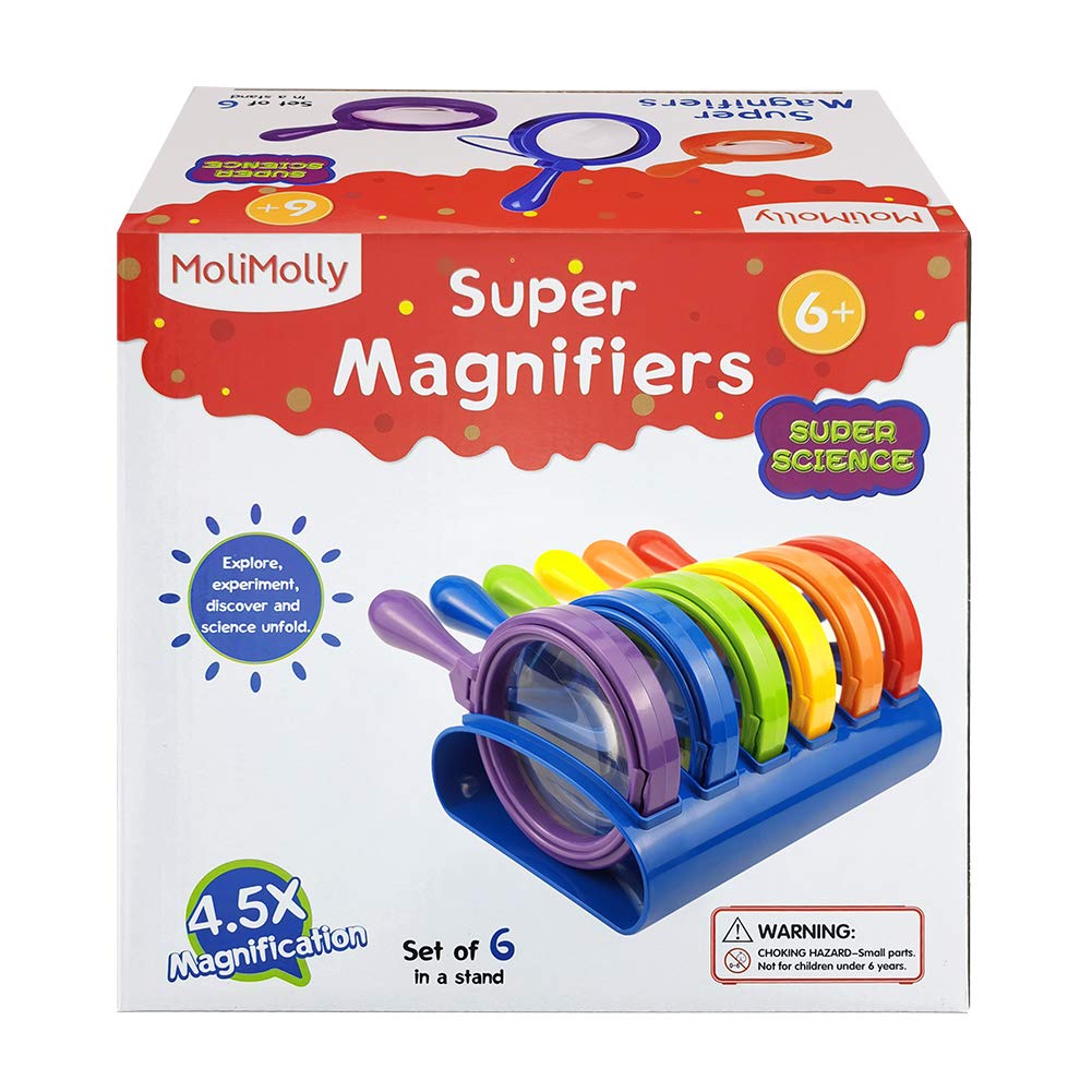 Kids Jumbo Magnifying Glass with Stand- 6 Pieces,Ages 3+, Easy Grasp Primary Science Magnifiers with Stand,Science Classroom Accessories, Teacher Supplies, Observation Toys for Kids