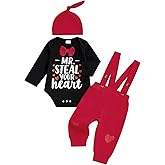 Dobeiokal Newborn Baby Boy Valentines Outfit Long Sleeve Romper Suspender Pants Set My First Valentines Baby Boy Outfit