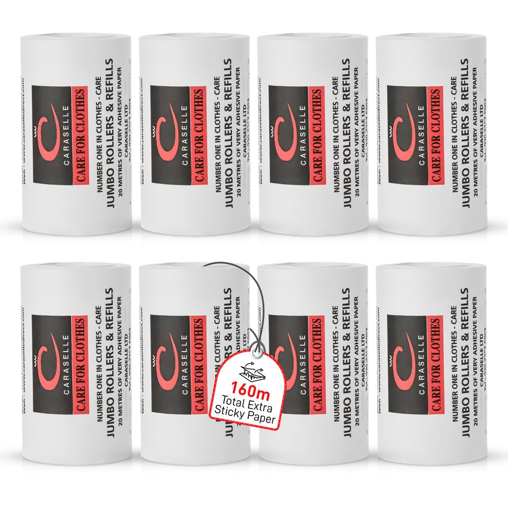 Caraselle Jumbo Lint Remover, 160m total (≈1600+ Sheets Equivalent) Extra Sticky Lint Roller for Dog Cat Hair on Clothes Sofa & Furniture Continuous No-Perforation Paper Stays Extra Sticky To The End