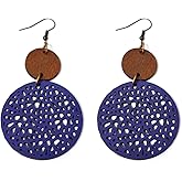 Azusa Sun Wooden Round Geometric Earrings Retro Hollow Out Circle Earrings Big Lightweight Statement Jewelry Suitable for Women