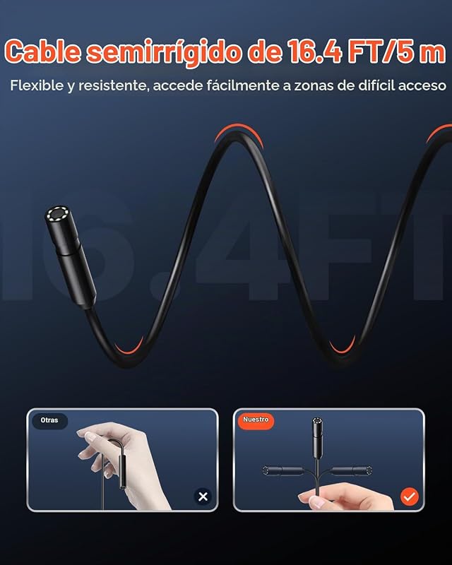 Câmara endoscópica, boroscópio HD 1920P para Android e iOS, com 8 luzes LED ajustáveis e cabo semi-rígido de 5 m, zoom 2X, IP67 à prova de água, para automóveis e canalização, 5000 x 18 x 10 mm