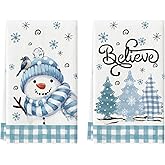Artoid Mode Beige Blue Xmas Tree Snowman Christmas Kitchen Towels Dish Towels, 18x26 Inch Holiday Bird Believe Winter Decoration Hand Towels Set of 2