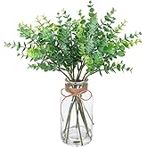 vannyster 14" Lifelike Faux Eucalyptus Stems in Glass Vase - Artificial Eucalyptus Decor with Faux Water for Bathroom, Farmhouse,Coffee Table Decor, Wedding Centerpiece