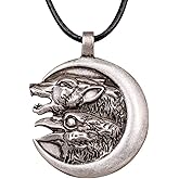 HAQUIL Wolf and Raven Necklace, Wolf and Raven on Crescent Moon Pendant, Faux Leather Cord (AD)