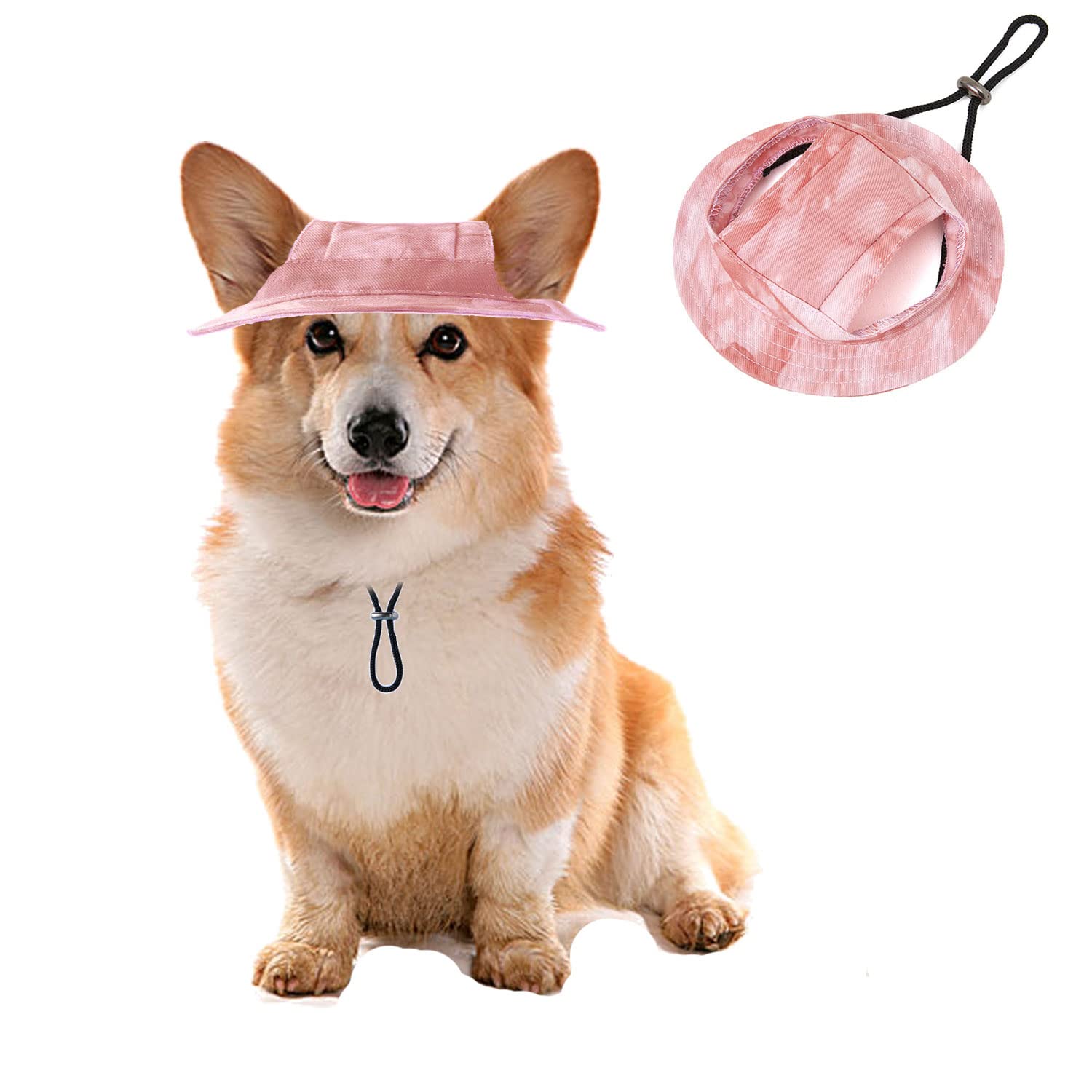 Pet Bucket Hats, Dog Round Cap With Ear Hole,Adjustable Outdoor Travel Sun Protection Sport Hat For Cat Small Medium Dogs_S(Pink)