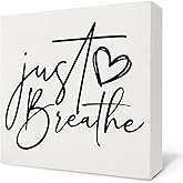 Nvotell Inspirational Desk Decor, Just Breathe Mental Health Wooden Box Sign, Motivational Positive Wood Block Plaque for Home Office Desk Shelf Tabletop Decor 5x5 Inch