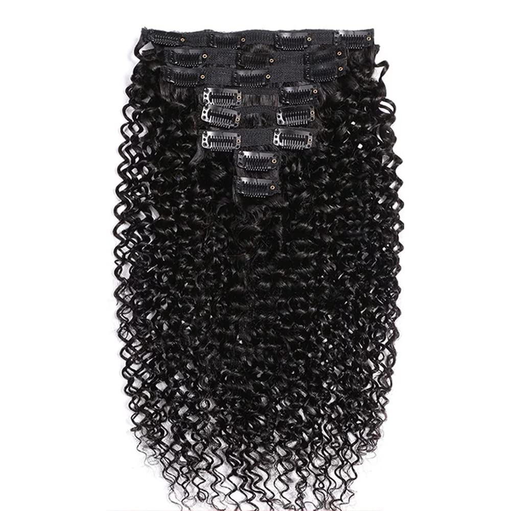 Luovce Clip in Hair Extensions Real Human Hair Kinky Curly Natural Colour 8PCS 115-120 Grams 14 inches — image 1