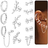 11 Single Piece 20G Cartilage Earrings for Women, Helix Piercing Jewelry, Surgical Steel 14 Gold Plated Flat Back Stud & Hoop, Stackable Earrings Set for Daith, Tragus, and Conch