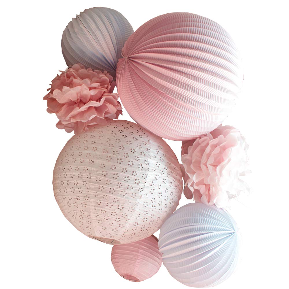 Kit De Lampionsamelie Kit Daccroche Inclus Decoration Murale De Chambre De Bebe Fille Ou De Fete Lanternes Et Pompons De Qualite Superieure Rose Pastel Et Blanc 7 Lampions Cuisine Maison Bougeoirs