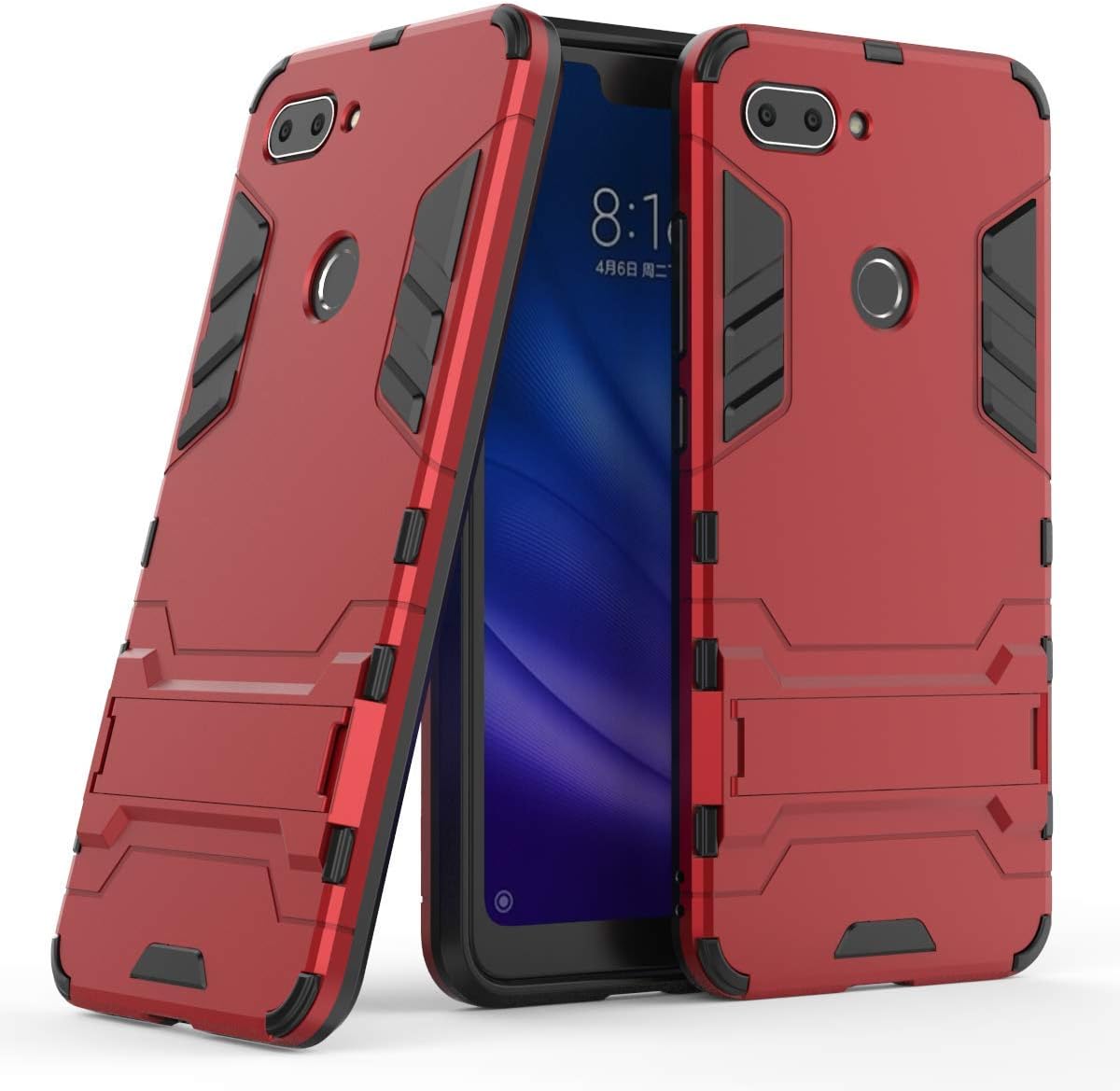 AOYIY Xiaomi Mi 8 Lite,[HEAVY DUTY ARMOR] Dual Layer Rugged Hybrid [Hard Shockproof] Case with Kickstand for Xiaomi Mi 8 Lite Cover [Compatible With Screen Protector] Red