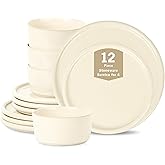 Stone Lain Eden 12-Piece Dinnerware Set Stoneware, Plates and Bowls Set, Dishwasher and Microwave Safe Dish, Dish Set for 4, Beige