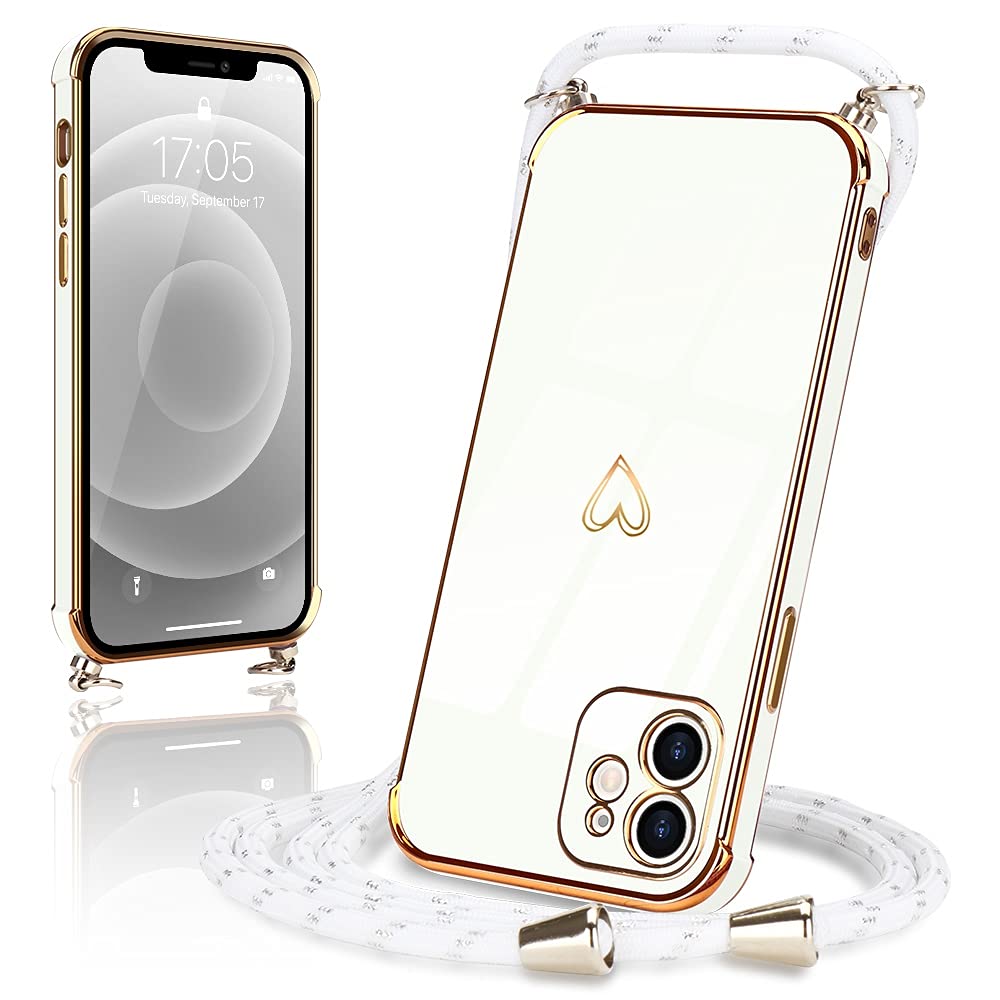Micoden for iPhone 11 Case Crossbody Lanyard with Cord Neck Strap Cute Heart for Girls Women Holder with Necklace Silicone Shockproof Cover for iPhone 11 White