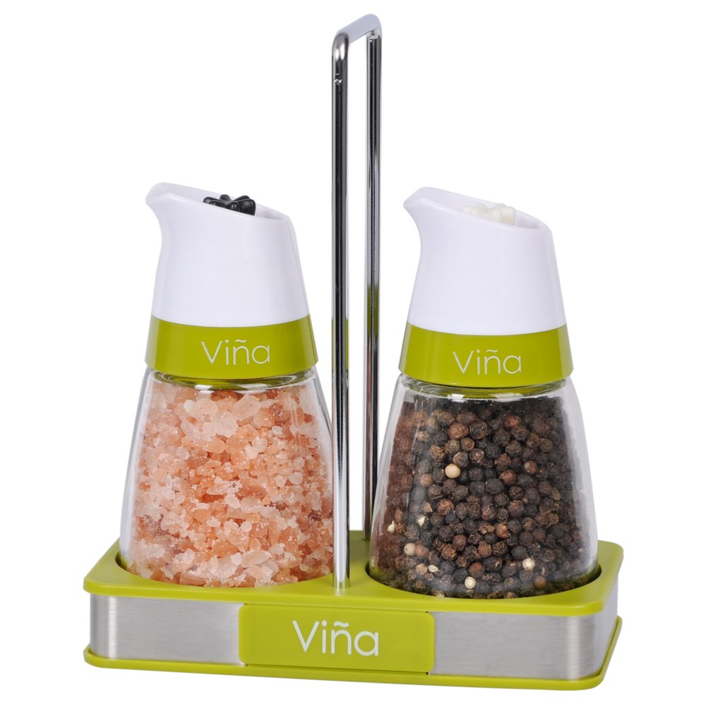 Vina Salt and Pepper Grinder Set with Matching Stand, Manual Salt and Pepper Shaker Mill , Adjustable Ceramic Grinding Mechanism - Free Garlic Roller As a Gift