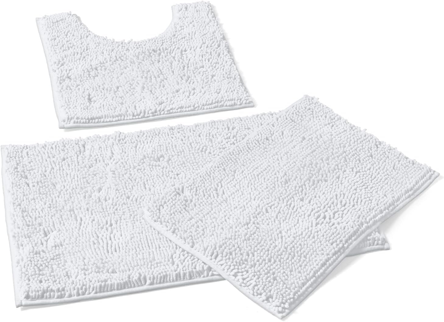 MEGAROOM Non Slip Chenille Bath Mat Set - Bathroom Mat Set with U-Shaped Toilet Mat - Soft and Anti Mould Bath Mat 3 Pieces for Safety and Comfort, Water Absorbent and Quick Drying（White）