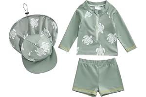 DuAnyozu Baby Boys Swimsuit Long Sleeve Rash Guard Swimwear Baby Boy Swim Trunk with Hat Set 3-Piece Toddler Bathing Suit