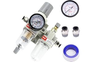 RIH Pneumatics 1/4“ NPT Compressed Air Filter Regulator Lubricator Combo Water/Oil Trap Separator - Gauge(0-150 psi), Auto Drain and Manuall-Drain,Poly Bowl,Bracket - 3 in 1 Two Unit