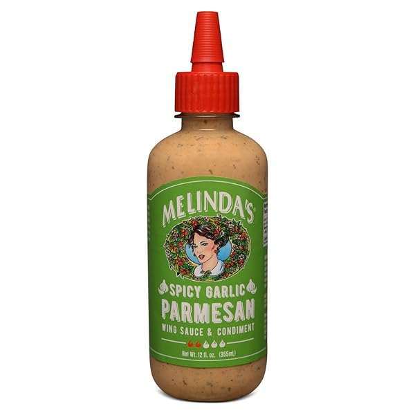 MELINDA’S SPICY GARLIC PARMESAN WING SAUCE – CRAFT GARLIC PARMESAN WING SAUCE WITH HABANERO PEPPERS, PARMESAN CHEESE, FRESH GARLIC – PERFECT FOR BUFFALO WINGS, PIZZA, PASTA – 12OZ, 1 PACK