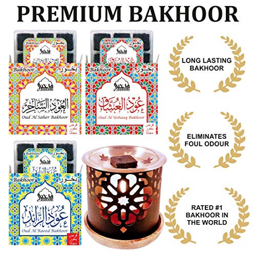 Dukhni Oud Bakhoor Pack of 3 (Saher, Ushaaq & Raeed) + Persian Bakhoor Burner
