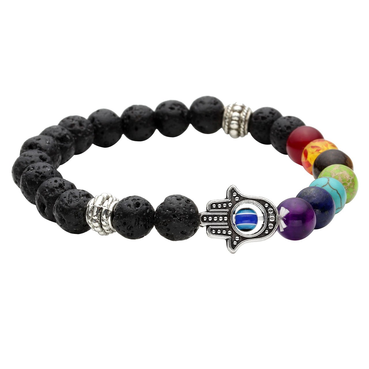 Jovivi Mens Healing Crystal Hamsa Hand Evil Eye Lava Chakra Bracelet for Women,Natural Gemstones Yoga Anxiety Good Luck Protection Beaded Bracelet Jewellery gifts for Men Women