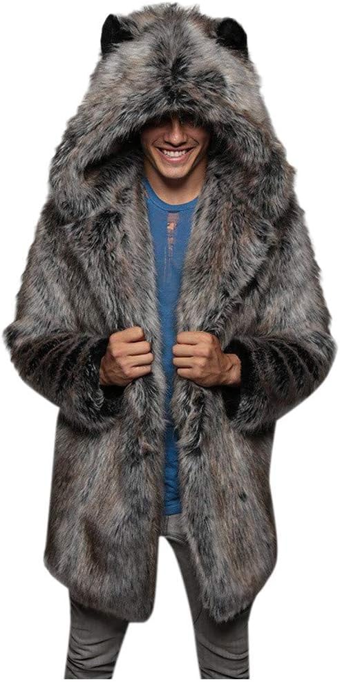 YESWOMAN Faux Fur Parka Outwear Fashion Mens Warm Thick Coat Jacket Wolf Ear Cardigan Soft Plush Overcoat Winter Fleece Robe
