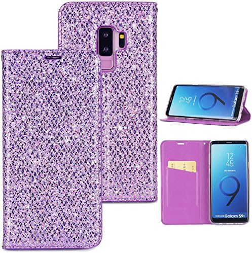 Wallet Leather Case for Samsung Galaxy S9 Plus(6.2 inch), 360 Full Body Protection Defender Kickstand Flip Case,Fashion Shining Glitter Folio Case Cover for S9 Plus(2018) (Purple)
