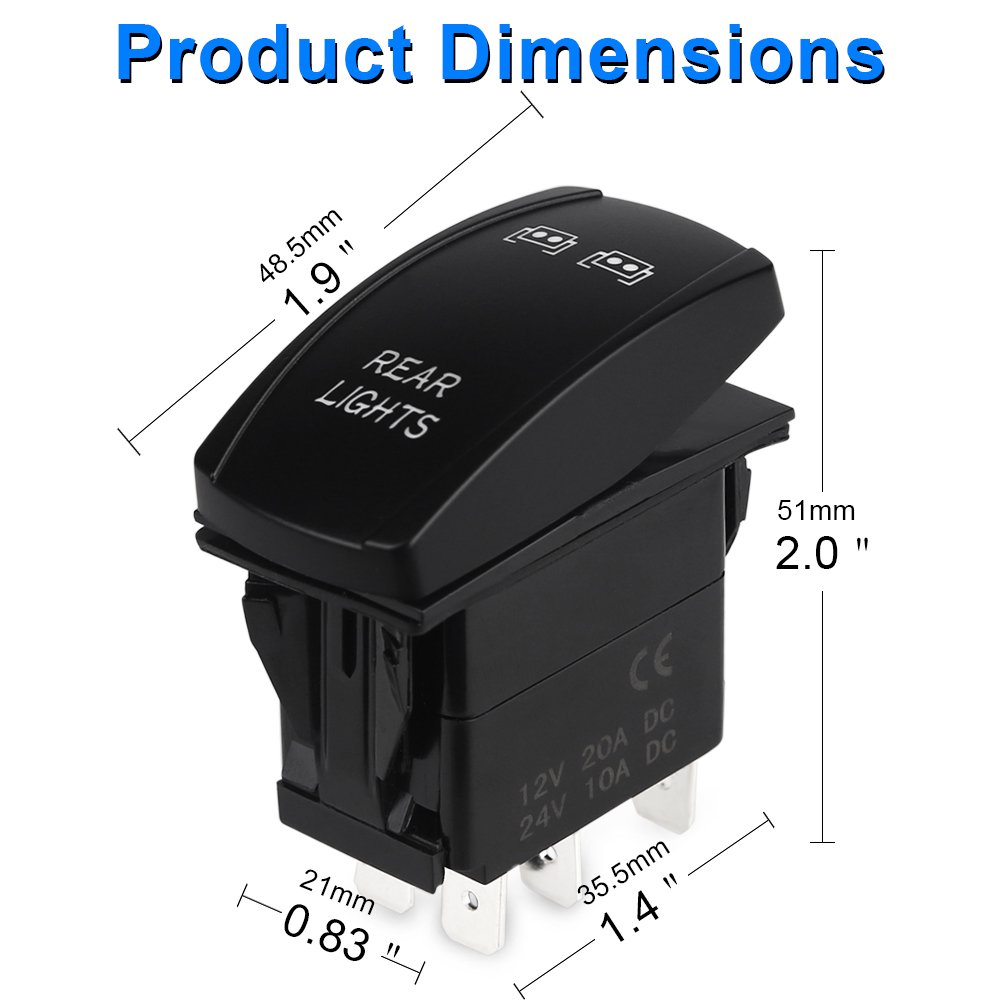 WATERWICH 5 Pin Rear Lights Illuminated Rocker Toggle Switch Waterproof with Jumper Wires Set DC 20A 12V/10A 24V Black Shell/ON-Off SPST Rocker Switch for Auto Truck Boat Marine RV Off Road