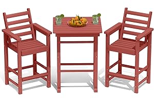 PLUUV Tall Adirondack Chairs Set of 2 with Table, Outdoor Bar Height Table Chairs Set, All Weather HDPE Barstools Patio Bar Sets with Arms & Footrest for Balcony, Bistro, Poolside, Backyard
