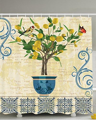 Lemons Decor Lemon Tree Birds Shower Curtain Traditional Tiles Paisley Monarch Butterfly Bird Vintage Style Floral Flowerpot Ceramic Vase Pattern Bathroom Decor, Ivory Yellow Green Blue Navy 60X72 in