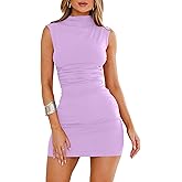 OWIN Women's Sexy Summer Casual Mock Neck Dresses Sleeveless Ruched Bodycon Cocktail Party Mini Dress
