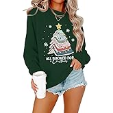 BEIDEFY Christmas Tree Sweatshirt for Women All Booked For Christmas Long Sleeve Shirt Librarian Christmas Holiday Tops