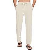 SEVEGO Mens Casual Linen Pants 30''/32''/34''/36'' Elastic Waist Drawstring Straight-Legs Summer Beach Loose Fit Trouser