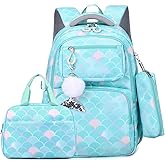 EKUIZAI 3PCS Mermaid Backpack for Girls Fish Scale Print Primary Bookbags set Girls Backpack with Lunch Box