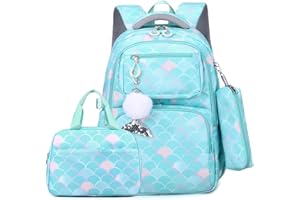 EKUIZAI 3PCS Mermaid Backpack for Girls Fish Scale Print Primary Bookbags set Girls Backpack with Lunch Box
