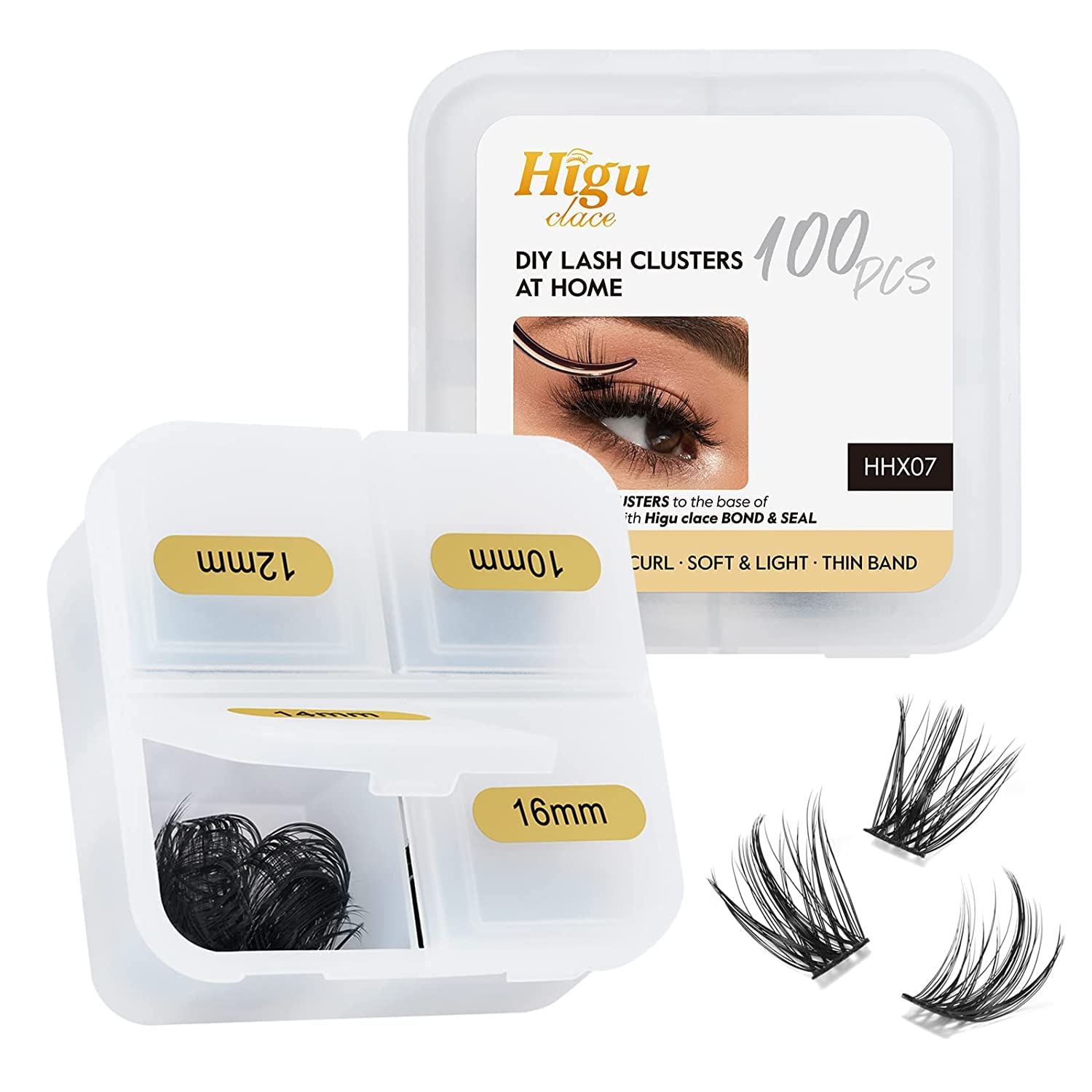 HG Lash Extensions, 100pcs Cluster Eyelash Extensions, D Curl, mix 10-16mm, Thin Stem Lash Clusters, Soft and light Lashes, Reusable Makeup for Self-application, DIY at home (HHX07 Mix10-16mm) — image 1